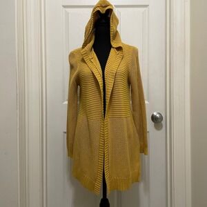 Marled Reunited Open Front Hooded Cardigan Knit Sweater Yellow Cotton Blend M